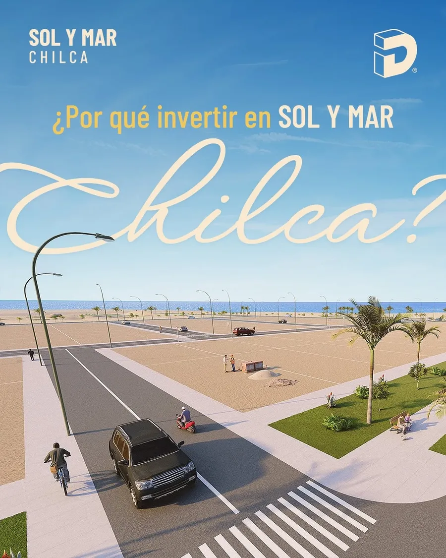 Render del proyecto Sol y Mar de Chilca con calles, áreas verdes y vista al mar
