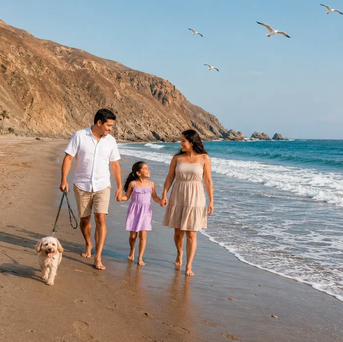 Familia caminando por la playa de Chilca al atardecer