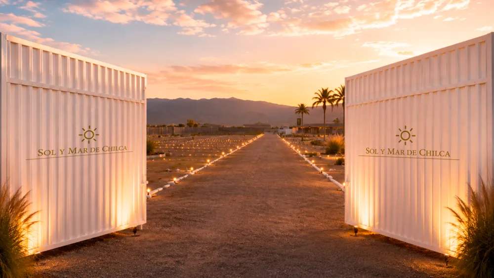 Ingreso al proyecto Sol y Mar de Chilca al atardecer, con iluminación decorativa